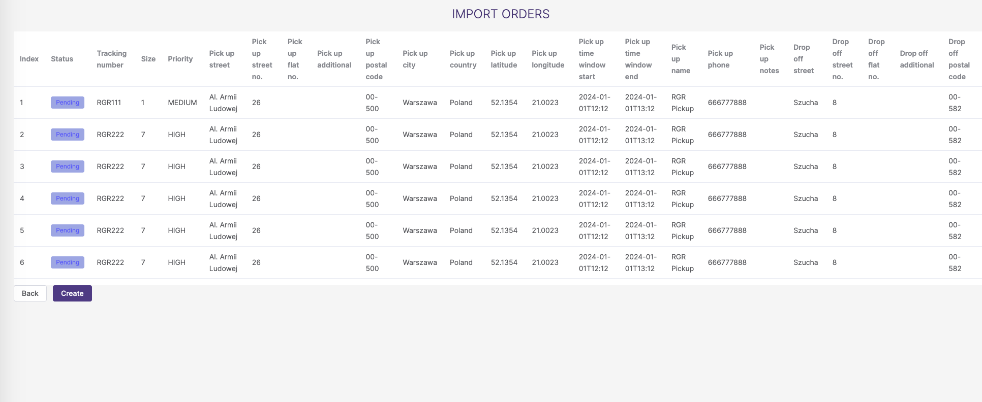 Import orders - preview