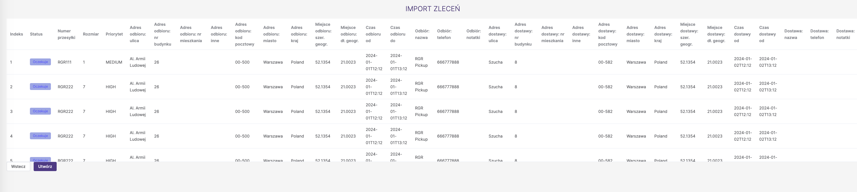 Import zleceń - preview