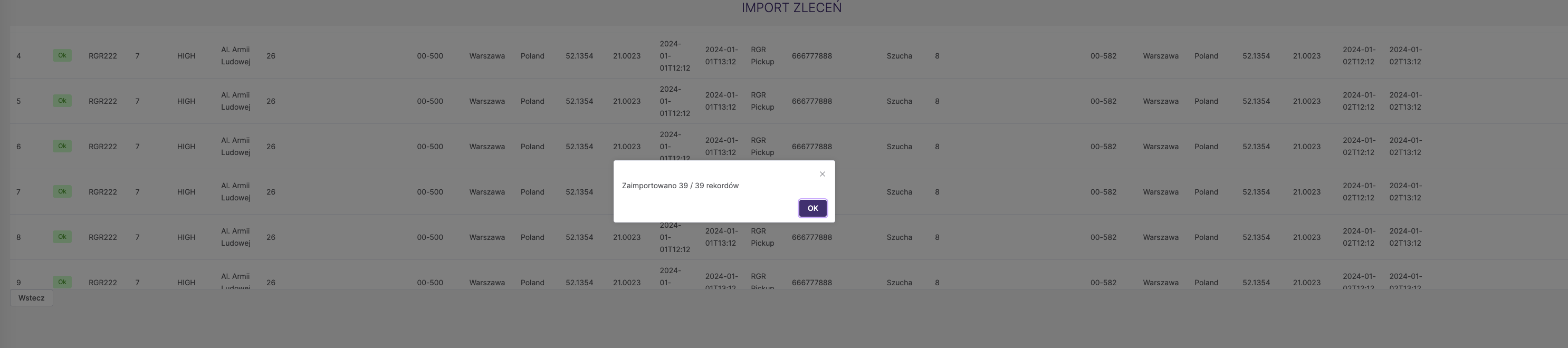 Import zleceń - success