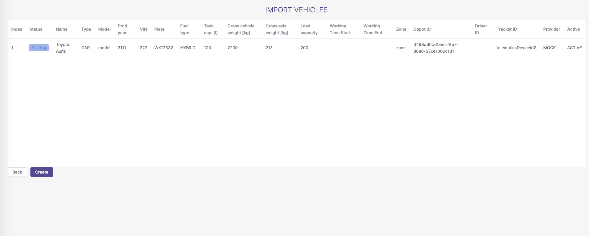 Import vehicles - preview